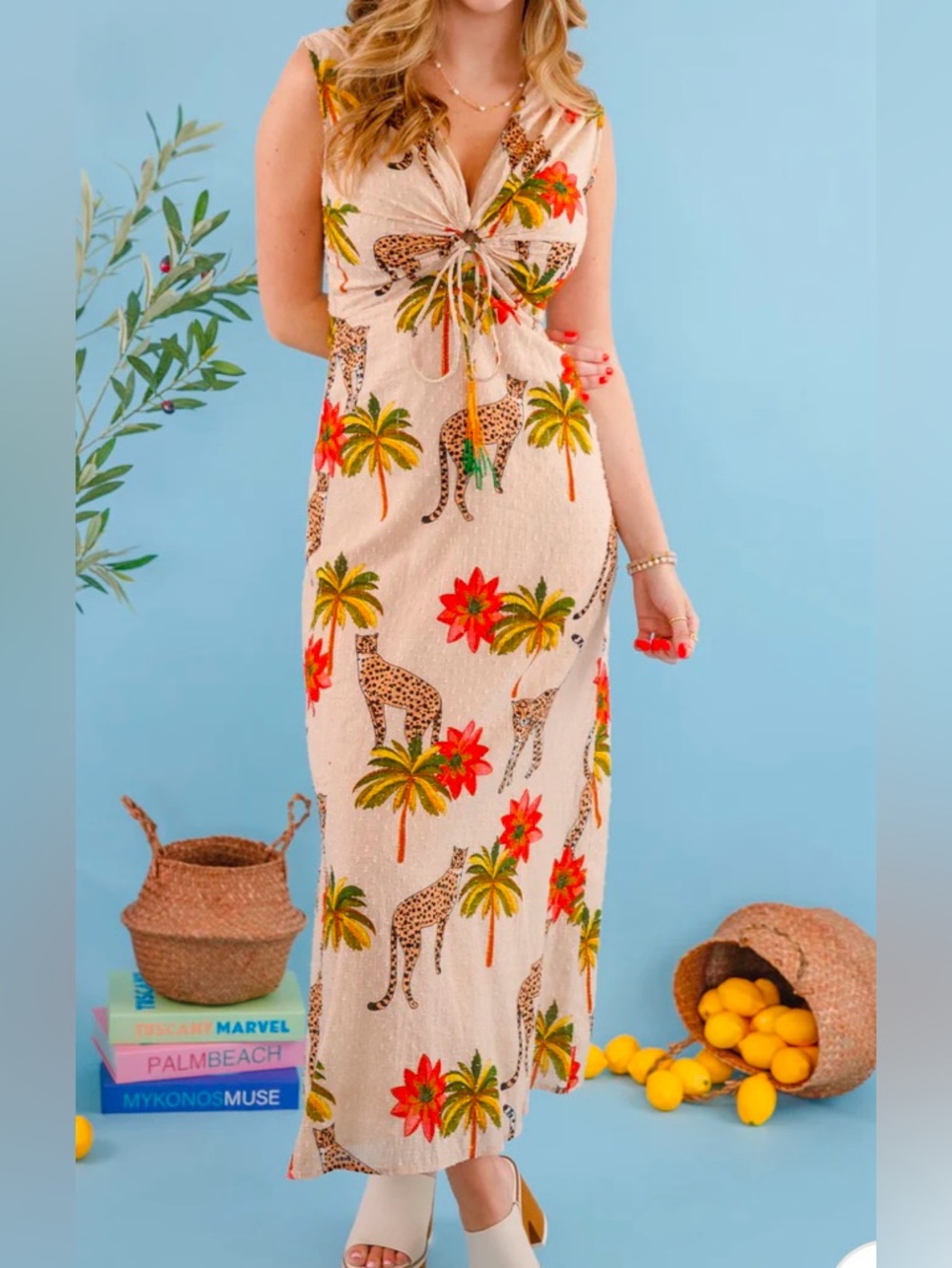 En Crème Cheetah Tropical Midi Dress - NWT